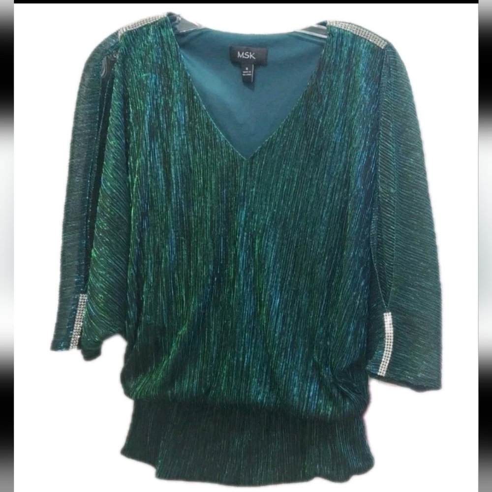 MSK Women’s Small Shimmer Blouse Teal Green V-Neck Rhinestone Sleeve Top
